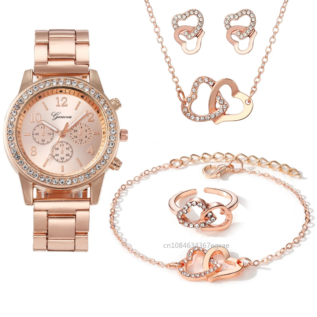 6/1PCS Set Rose Gold Luxury Watch Women Ring Necklace Earring Rhinestone Fashion Wristwatch Casual Ladies Bracelet Watches