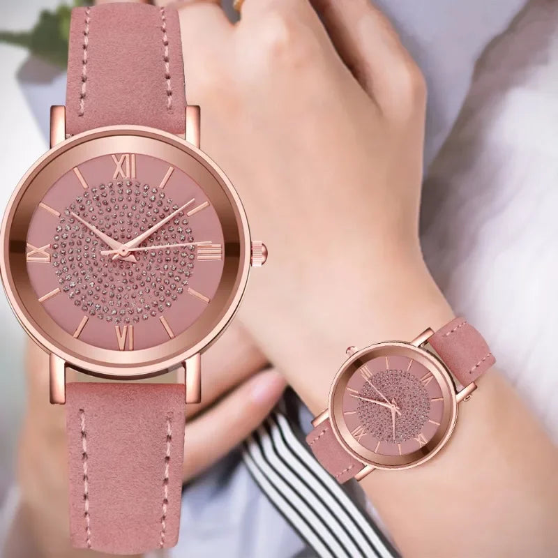 Women Watch Ladies Rhinestone Dial Wristwatch Leather Band Casual Bracele Watch Fashion Casual Leather Belt Quartz Watches Gifts
