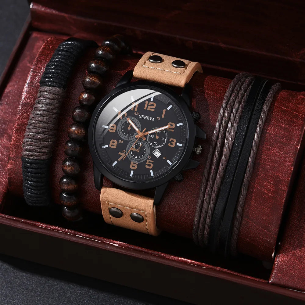 4/1Pcs Set Luxury Watches Men Sports Watch Leather Band Watches Bracelet Set Mens Business Quartz Wrist Watch Clock (no Box)