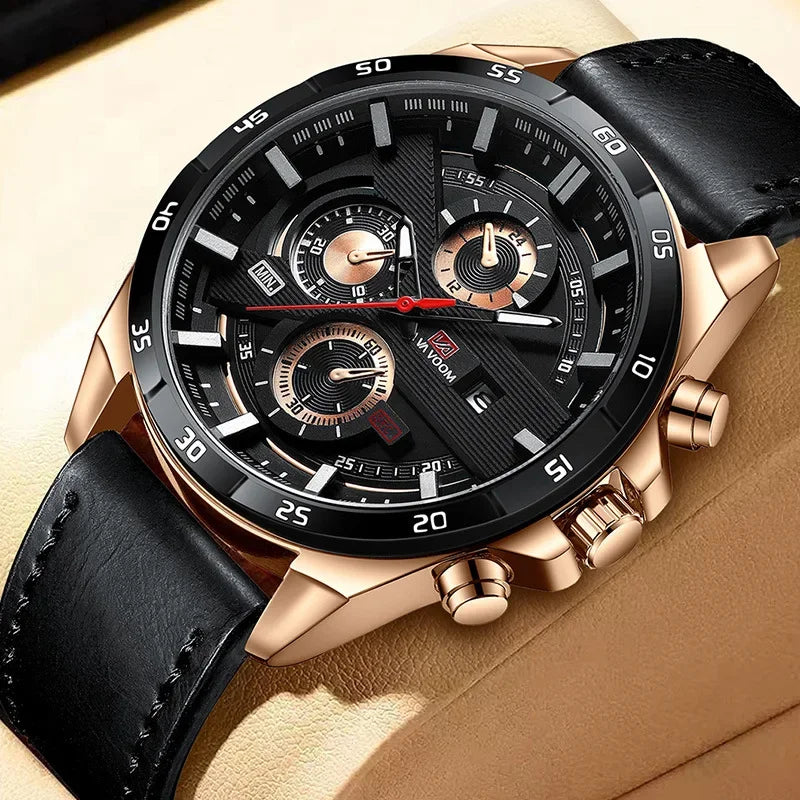 Top Men Watch Sports Style 46mm Large Leather Racing Style Casual Fashion Original Black Rose Gold Calendar Quartz Watch Relogio