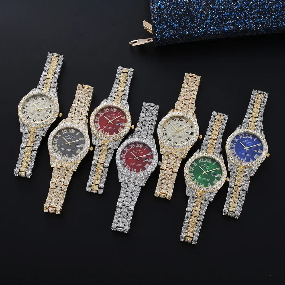 Hip Hop Iced Out Men Watch Luxury Rhinestone Quartz Watches Round Clock Unisex Wrist Watch Gift For Boyfriend Relogio Feminino