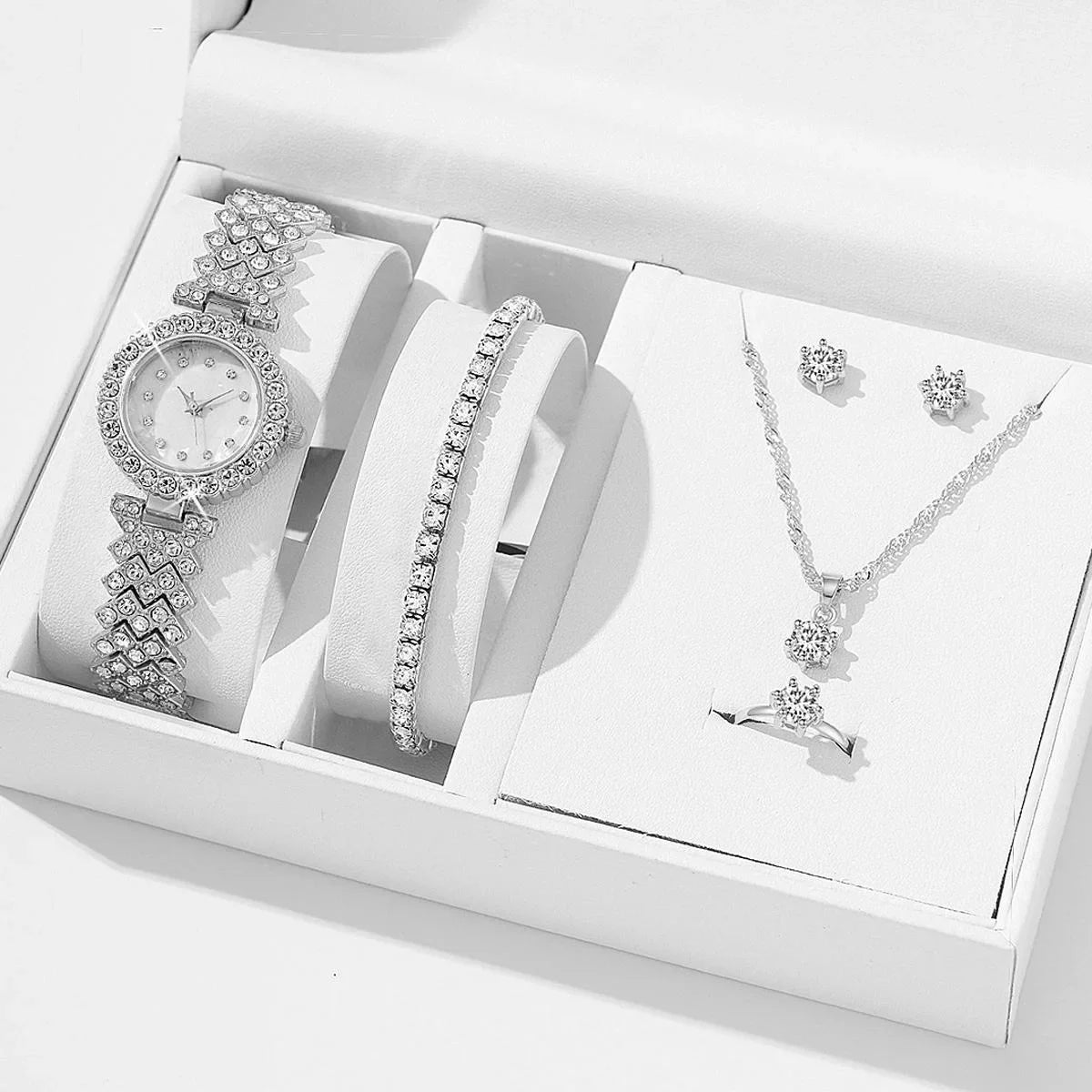 5pcs Luxury Watch Women Ring Necklace Earrings Bracelet Set Watches Silver Leather Strap Ladies Quartz WristWatch No Box