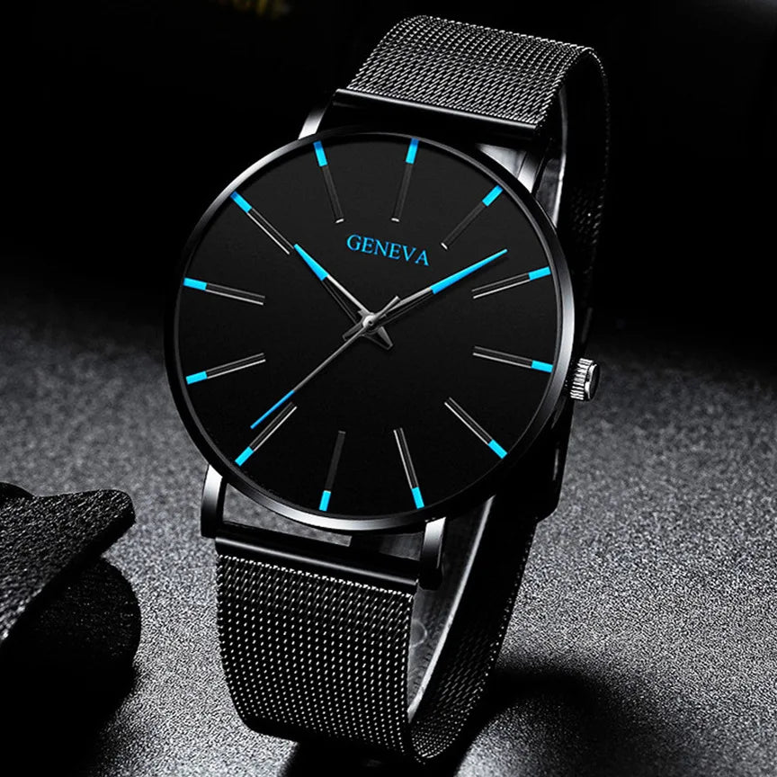 2024 Geneva Minimalist Watch Men Ultra Thin Blue Stainless Steel Mesh Belt Watches Man Business Casual Quartz Wrist Watch
