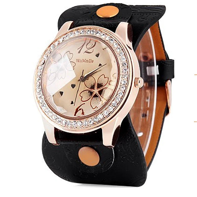 Womage Women Watches Fashion Big Dial Watches Women Crystal Watches Women Leather Band Quartz Watch reloj mujer horloge dames