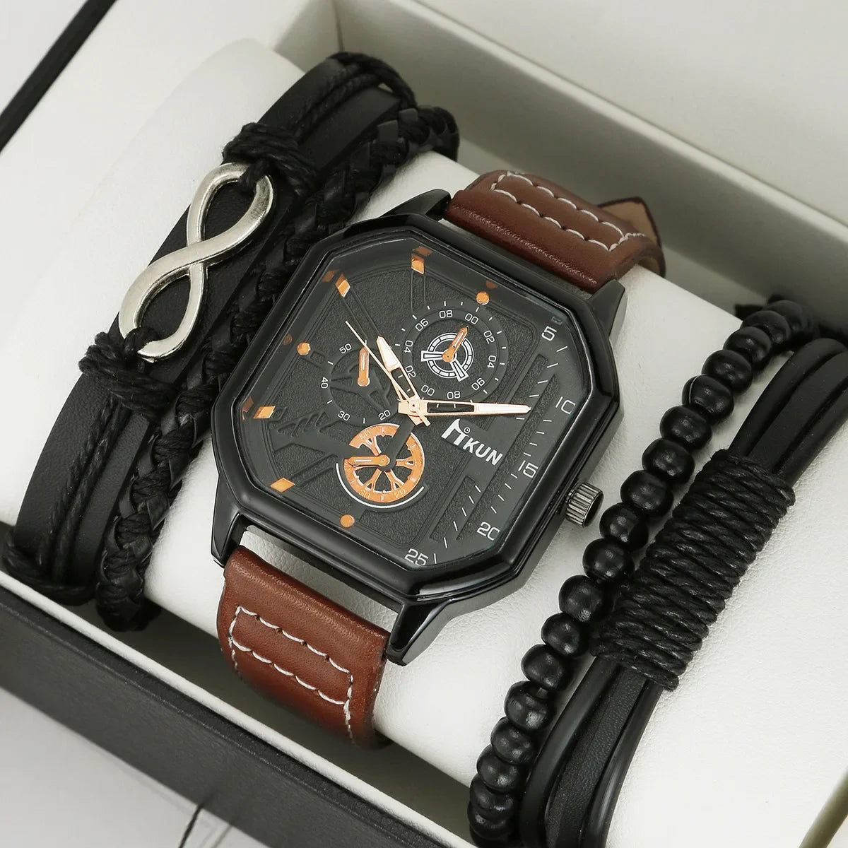 5/3/1pcs Men Sports Watches Set Man Business Wristwatch Luxury Brown Leather Bracelet Set Men Casual Clock Watch Gift (no Box)