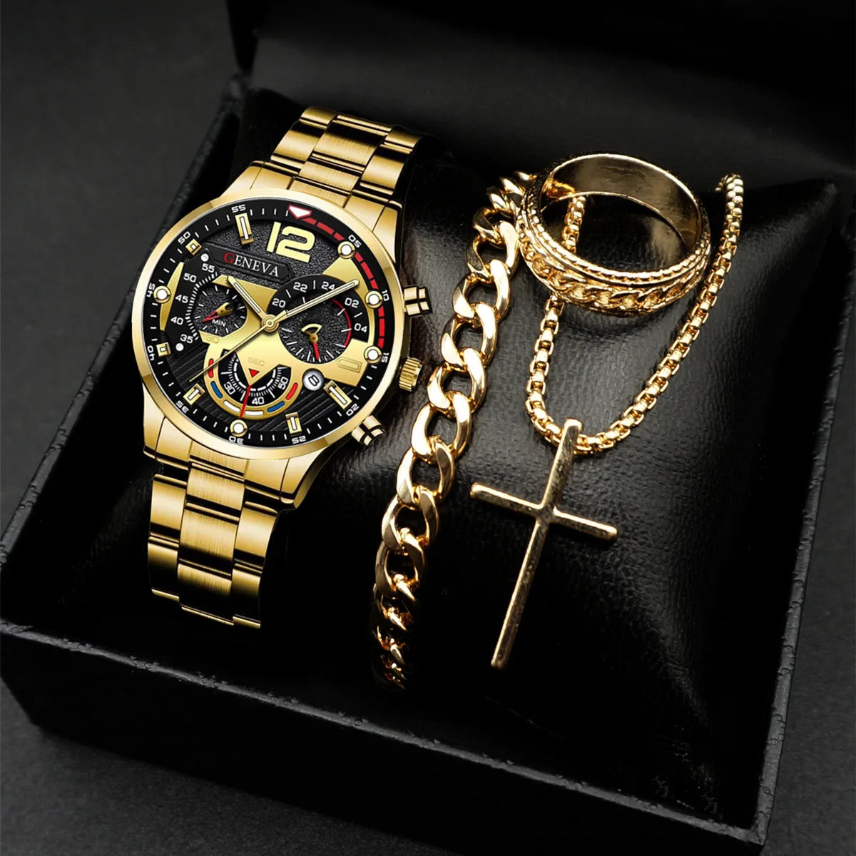 4PCS/Set Fashion Men Business Watches Arabic Dial Quartz Watch for Mens Clock Jewelry Set Reloj Hombre(Without Box)