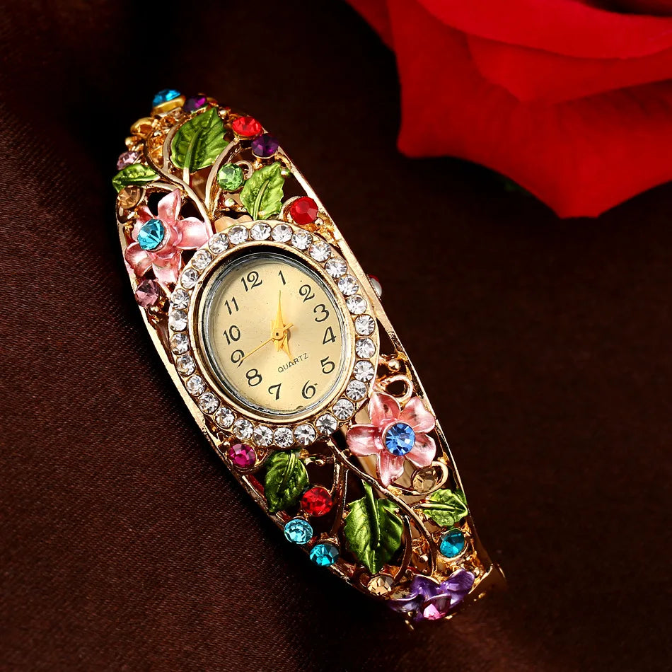 Fashion Flower Women's Bangle Watches Luxury Stainless Steel Rhinestone Quartz Watch Women Vintage Elegant Ladies Wristwatch