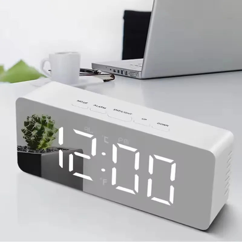 Mirror LED Digital Alarm Clock with Temperature Display and Smart Night Light for Bedroom, Makeup Vanity and Office Use