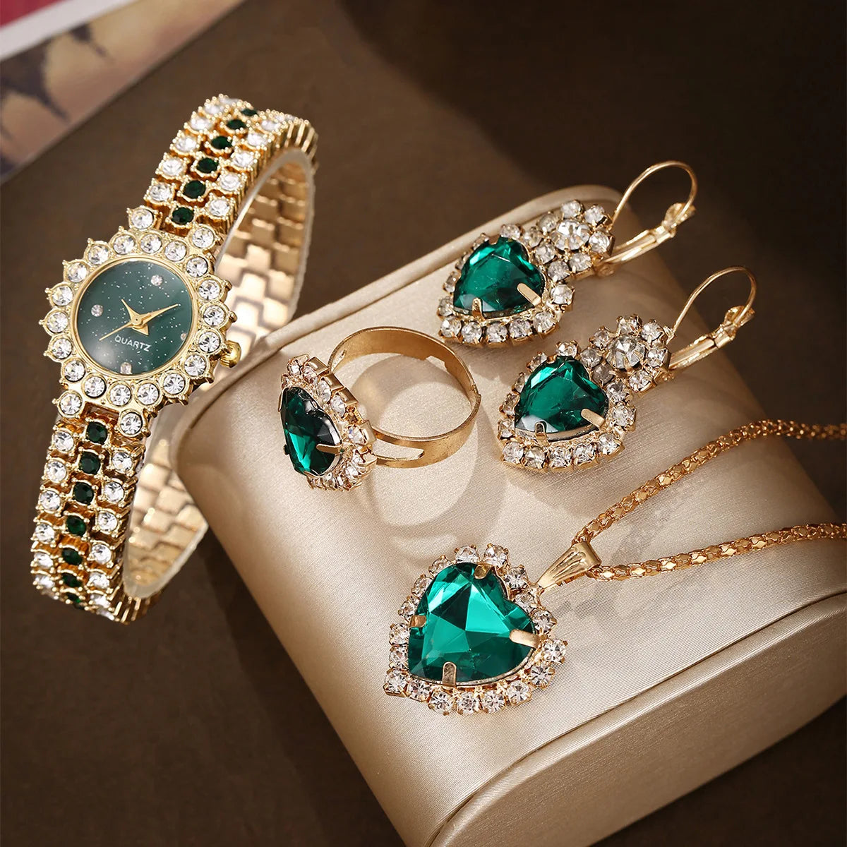 5/1PCS Set Luxury Quartz Watch Women Ring Necklace Earring Rhinestone Fashion Wristwatch Casual Ladies Bracelet Watches No Box