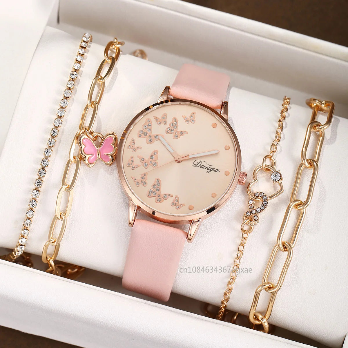 5/1pcs Exquisite Diamond Butterfly Dial Belt Quartz Watch + Fashion Butterfly Bracelet Set Rhinestone Quartz Ladies Wristwatch