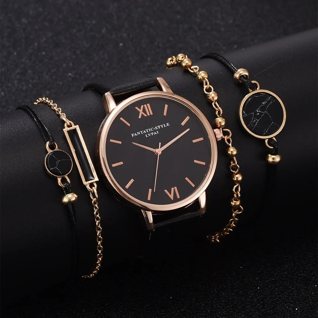 5/1pcs Quartz Watch Set Ladies Elegant Gemstone Bracelet Quartz Wristwatch Women Leather Quartz Watches Bracelet Set Clock Gift
