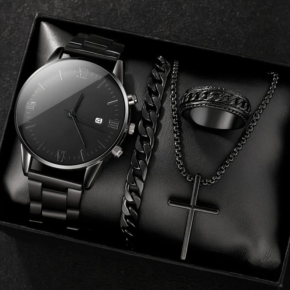 4pcs Set Fashion Mens Watches Luxury Steel Quartz Wristwatch Men Business Sports Wrist Watch Bracelet Necklace Ring Set No Box
