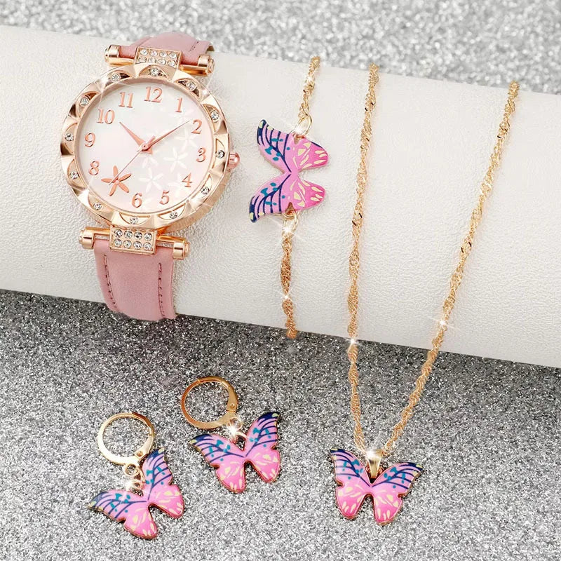 5PCS Fashion Butterfly Women Watches Leather Band Ladies Quartz Watch Jewelry Set Relogio Feminino Reloj Mujer(Without Box)