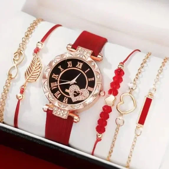 6PCS/Set Women's Watch Fashion Roma Heart Dial Leather Band Quartz Watches Leaf Bracelets Set(Without Box)