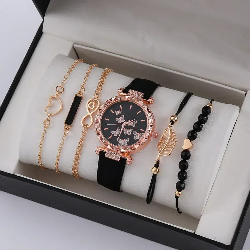 6/5/2/1PCS Set Women's Watch Casual Flower Quartz Watch Analog PU Leather Wrist Watch & Bracelets reloj mujer Elegante NO BOX